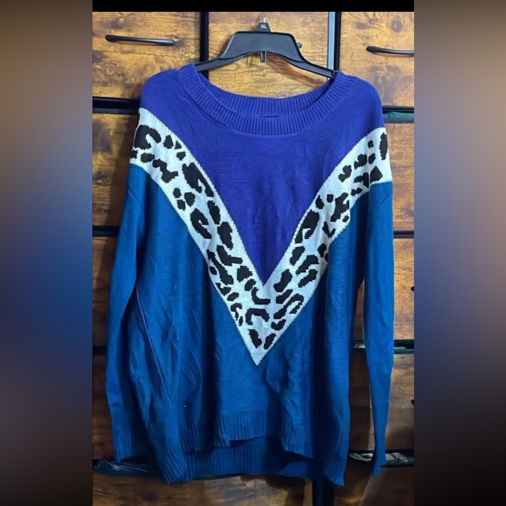 QVC Blue and Purple V-Neck Sweater with Leopard Print